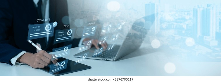 software development that is agile. Business developer employing computer with virtual screen interface and Kanban board architecture as lean project management tool for quick adjustments concept. - Shutterstock ID 2276790119