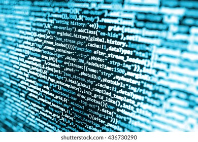 Software Development.  Web Site Codes On Computer Monitor. Programming Code. Programmer Developer Screen. Programming Code On Computer Screen. Computer Script.  Technology Background. 
