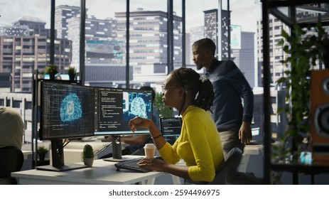 Software engineer conducts code review to fix bugs, identifying technical issues with artificial intelligence company software. African american woman debugging and optimizing code using AI, camera B