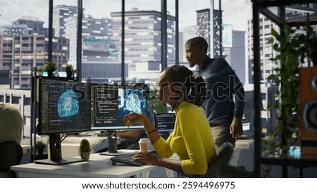 Software engineer conducts code review to fix bugs, identifying technical issues with artificial intelligence company software. African american woman debugging and optimizing code using AI, camera B