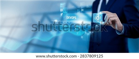 Software engineer hand holding DevOps interface on digital screen, continuous integration delivery, automation workflow, development operations and cloud deployment concept