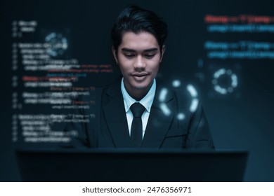 Software engineer occupation in information technology IT, analyze data, solve problems, and innovative thinking solutions. Programmer using a laptop with a virtual coding data information screen.