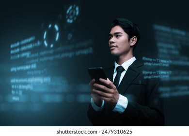 Software engineer occupation in information technology IT, analyze data, solve problems, and innovative thinking solutions. Asian Programmer using mobile phone writing virtual coding data.