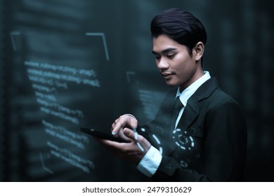 Software engineer occupation in information technology IT, analyze data, solve problems, and innovative thinking solutions. Asian Programmer using mobile phone writing virtual coding data.