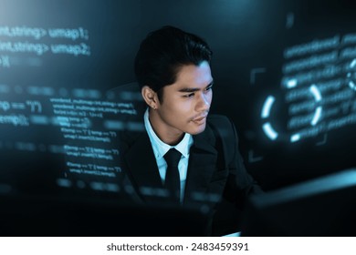 Software engineer occupation in information technology IT, analyze data, solve problems, and innovative thinking solutions. Programmer using a laptop with a virtual coding data information screen.