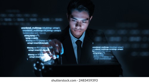 Software engineer occupation in information technology IT, analyze data, solve problems, and innovative thinking solutions. Programmer using a laptop with a virtual coding data information screen.