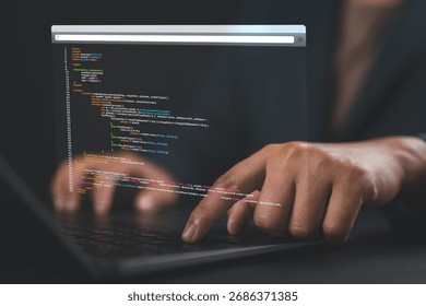 Software engineer or programmer writing code, software coding developing, typing computer script. Office man hands coding html and programming on screen laptop, development web, developer, webmaster.