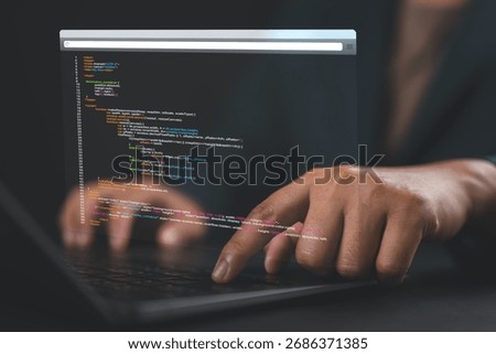 Software engineer or programmer writing code, software coding developing, typing computer script. Office man hands coding html and programming on screen laptop, development web, developer, webmaster.