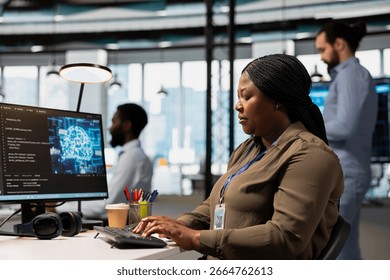 Software engineer using AI automation in tech workspace, building digital solutions. African american IT specialist working on PC to identify and fix bugs using artificial intelligence tools