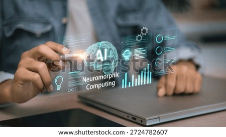 Software engineer working with Neuromorphic Computing interface. Futuristic AI technology mimicking human brain neural networks for advanced data processing and machine learning.
