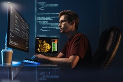 Software Engineer Working On New App, Checking Coding In Bugging System, Sitting In Comfortable Chair, Typing In Front Of Pc, On Digital Wall With Code Background