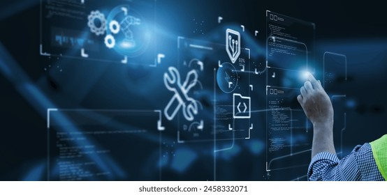 Software engineering designing programming code application softwares development using AI digital artificial intelligence, computer internet technology industry graphical icon, banner background.