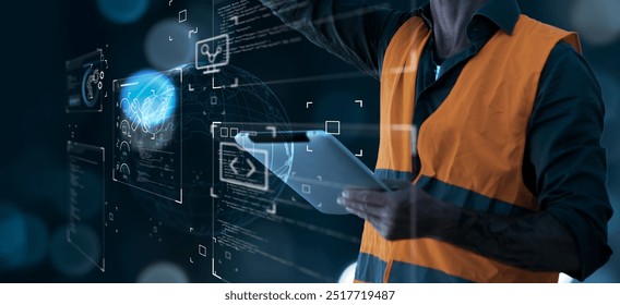 Software engineering using computer tablet designing programming code application softwares development using AI digital artificial intelligence, technology industry graphical icon, banner background.