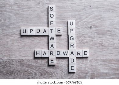 Software Hardware Update And Upgrade Words Made Of Wooden Cubes