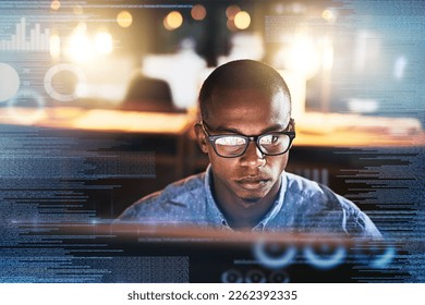 Software overlay, futuristic and black man on computer for online finance, fintech and data analysis. Digital transformation, double exposure and businessman for financial analytics on 3d screen - Powered by Shutterstock