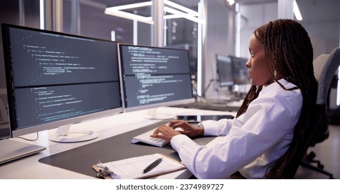 Software Programmer Or Coder Woman Using Office Computer