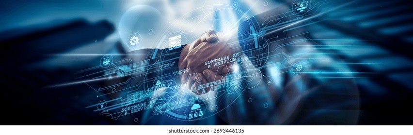 Software as a Service concept, cloud delivery, handshake of global network connection improving access, updates, scalability, subscriptions, tools.