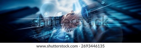 Software as a Service concept, cloud delivery, handshake of global network connection improving access, updates, scalability, subscriptions, tools.