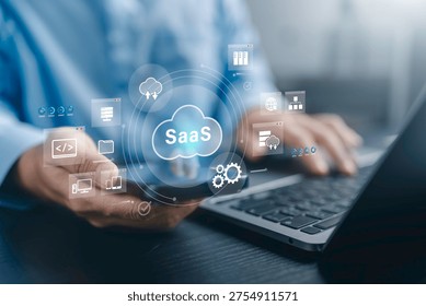 Software as a Service concept with cloud SaaS platform interface on smartphone and laptop, cloud computing, application integration, digital business solutions, and online software technology.