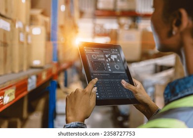 Software Smart warehouse management in tablet computer real time monitoring track goods package delivery. Inventory worker showing digital data dashboard screen for storage logistics supply chain dist
