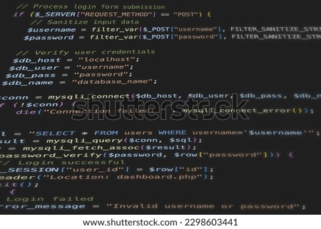 Software source code in PHP open source programming language. Symbolic for development of internet applications and websites.