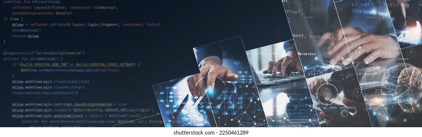 Software technology development, agile methodology, internet network technology concept. Software developer team working on modern computer with javascript computer code,  future tech background - Shutterstock ID 2250461289