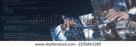 Software technology development, agile methodology, internet network technology concept. Software developer team working on modern computer with javascript computer code,  future tech background