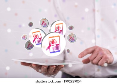 Software testing concept above a tablet held by a man in background