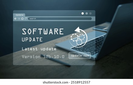 Software update concept. Laptop with virtual software update screen. Business updates program for better performance, security and new features