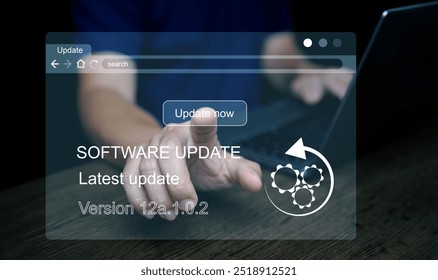 Software update concept. Man activating and Installing business program updates on computer for better performance, security and new features