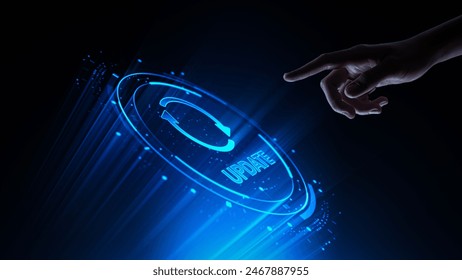 Software Update. Human Hand Touching Futuristic HUD Virtual Screen with Icon