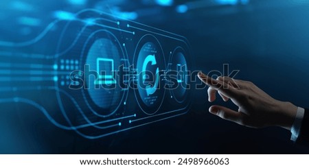 Software Update. Human Hand Touching Futuristic Virtual Screen with update Icon