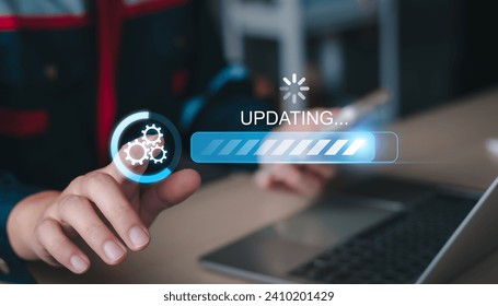 Software update or operating system upgrade concept. Man working and install software data update process in computer. Software new versions improved efficiency and security. Internet system upgrade