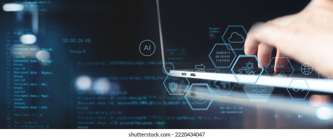 Software, web development, data processing, programming concept. Coding programmer using computer with program code and data management technology icon. Technology process of software development
