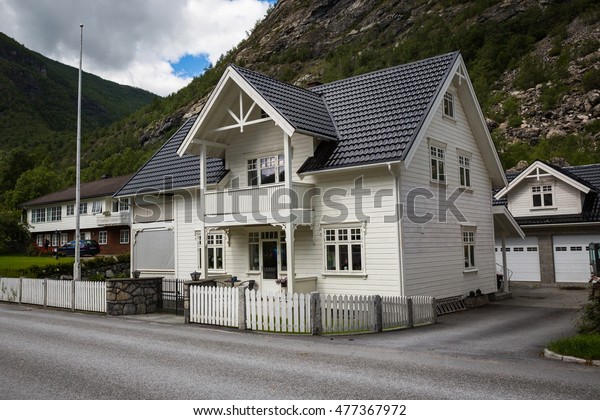 SOGNDAL, NORWAY-JULY 13: Wood house July 13, 2016\
in Sogndal, Norway. Norway\
houses.