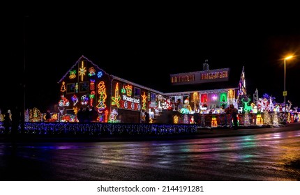 SOHAM, CAMBRIDGESHIRE UK - DECEMBER 28, 2021: A Soham Couple Turn Their House Into An Incredible Christmas Light Display, Raising Thousands Of Pounds, This Year For East Anglia's Children's Hospice.