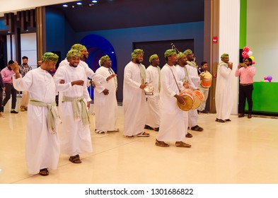 SOHAR, OMAN-JANUARY 22, 2019: A Group Of Omani Men Performing Traditional Music On January 22, 2019 In Sohar, Oman. This Performance Is A Part Of The Celebration Of A Newly Opened Mall.