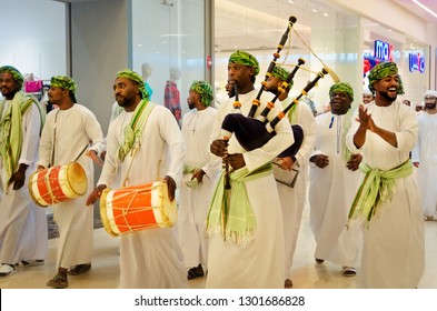 SOHAR, OMAN-JANUARY 22, 2019: A Group Of Omani Men Performing Traditional Music On January 22, 2019 In Sohar, Oman. This Performance Is A Part Of The Celebration Of A Newly Opened Mall.