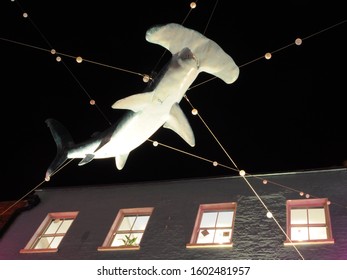 Soho, London / UK - 12/30/2019: Plastic Hammerhead Shark In 2019 Carnaby Street Christmas Installation, Designed In Collaboration With Project Zero And Made From Recycled Plastic.