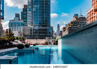 SoHo, New York City, NY / USA - July 2019: Rooftop Pool at Luxury 5-star Hotel The Dominick