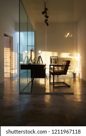 Soho Office Interior With Sunset Golden Hour Lighting And Shadow , Loft Style Interior Design