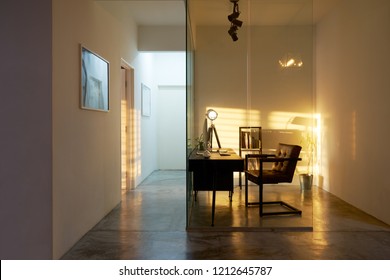 Soho Office Interior With Sunset Golden Hour Lighting And Shadow , Loft Style Interior Design