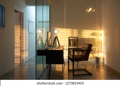 Soho Office Interior With Sunset Golden Hour Lighting And Shadow , Loft Style Interior Design