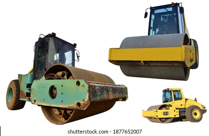 Soil Compactor isolated on white background. Vibration single-cylinder road roller leveling the ground. Laying asphalt on road at construction site. Road compaction equipment on isolation