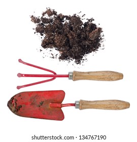 Soil And Dirty Gardening Tools After Real Work In The Garden - View From Above Isolated On White Background