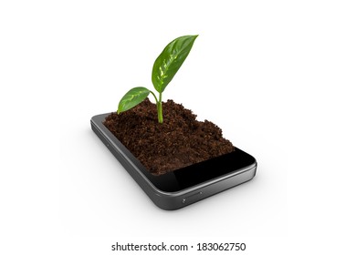 Soil With Green Plant Inside Of Smart Phone, Ecology Concept, Isolated On White Background.