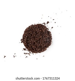 Soil With Mineral Fertilizers For Planting And Flower Pot Isolated On White Background. Ground Pattern And Garden Dirt Earth Creative Composition. Top View, Flat Lay. Environment Conservation Concept