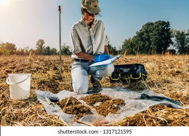 Soil Test. Female Agronomist Taking Notes In The Field. Environmental Protection, Organic Soil Certification, Research