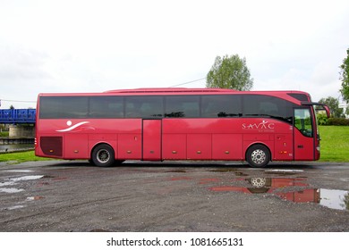 Soissons, France - May 1, 2018: Coach Of  Savac Public Bus Services  Group In French By The Side Of The Road. Nobody In The  Vehicle.