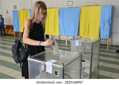 Sokal, Ukraine 21 July 2019. Ukraine Elections In Sokal, Wester Region Of Ukraine. People Vote At Polling Station.